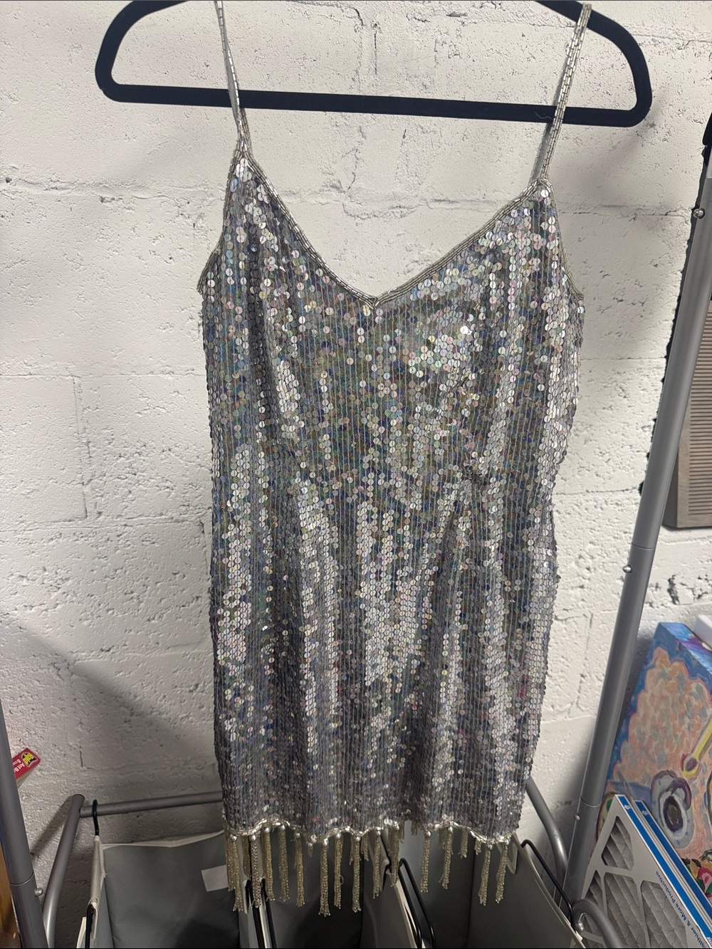 Silver Sequin Slip Dress with Fringe Size Large NWT